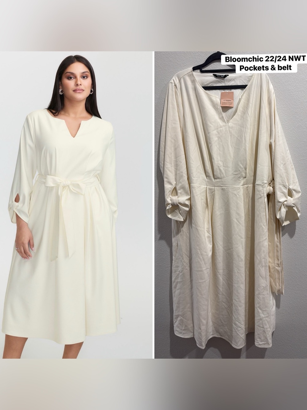 BLOOMCHIC Cream V-Neck Tie Waist Midi Dress 22/24 NWT